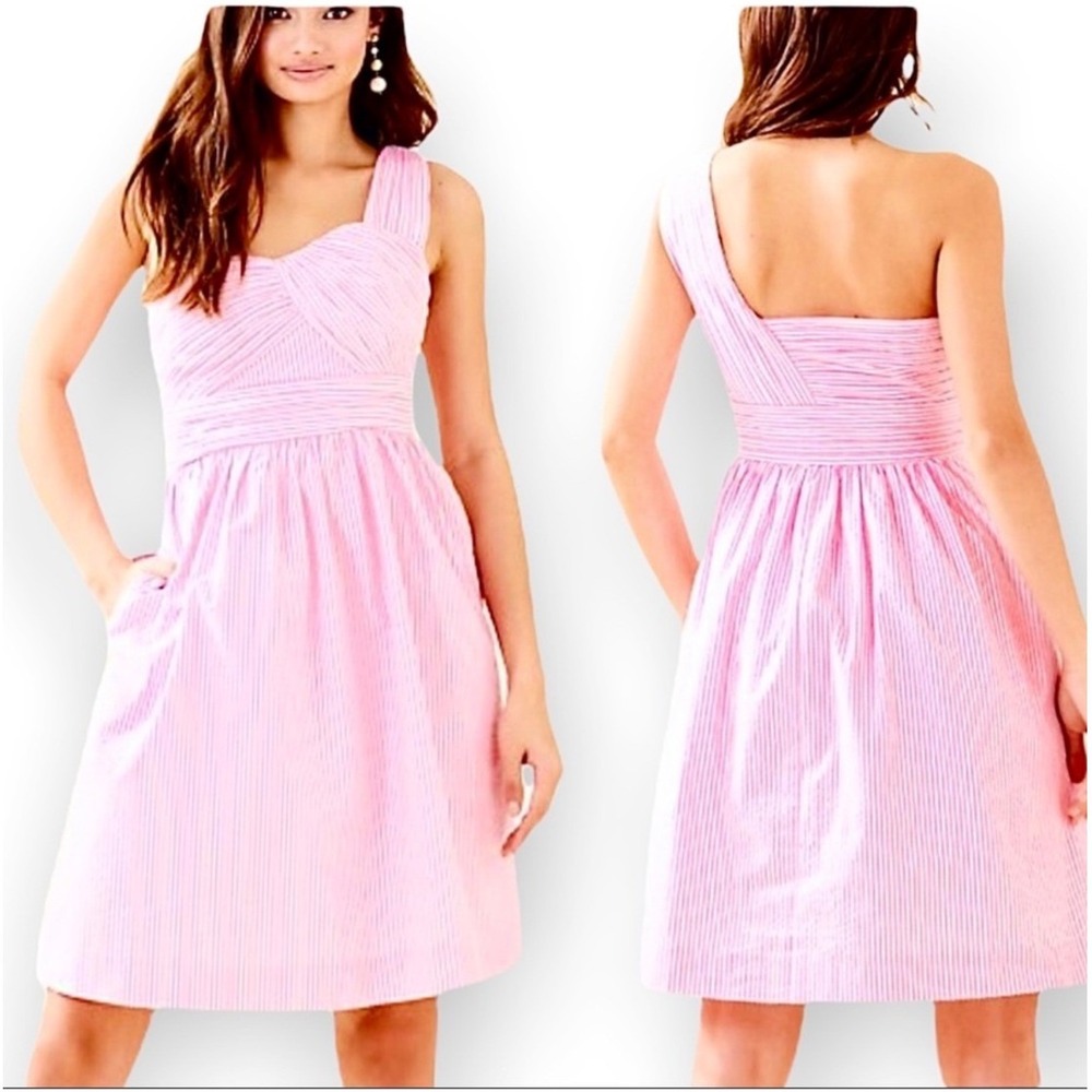 Lilly Pulitzer Addison Dress Womens 2 Pink Tropics NWT Seersucker One Shoulder